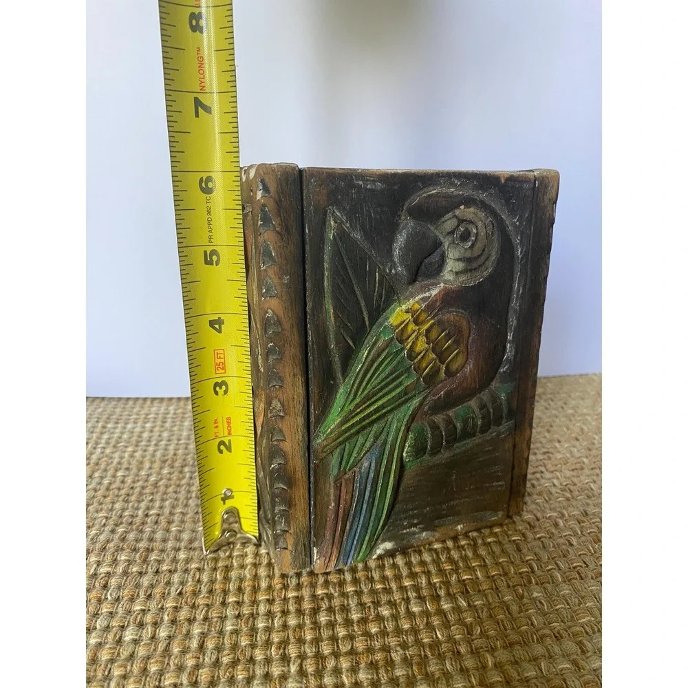 Vintage‎ Hand Carved Wooden Parrot Trinket Box Tropical Folk Art Sliding Lid 6in